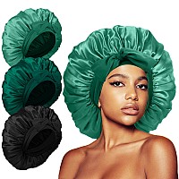 3Pcs Satin Silk Bonnet For Sleeping Braids Hair Bonnets For Sleeping With Tie Band Showercapblacklight Greendark Green