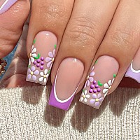 Purple French Tip Press On Nails Short Medium Square Fake Nails With Design Flower Stick On Nails Grapes Glue On Nails Lilac Fal