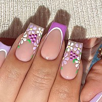 Purple French Tip Press On Nails Short Medium Square Fake Nails With Design Flower Stick On Nails Grapes Glue On Nails Lilac Fal