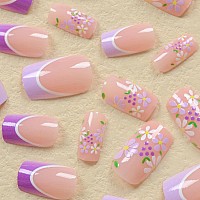 Purple French Tip Press On Nails Short Medium Square Fake Nails With Design Flower Stick On Nails Grapes Glue On Nails Lilac Fal