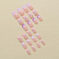 Purple French Tip Press On Nails Short Medium Square Fake Nails With Design Flower Stick On Nails Grapes Glue On Nails Lilac Fal