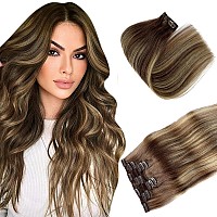 Clip In Real Human Hair Extensions Medium Brown To Honey Blonde Balayage Clip In Hair Extensions 7Pcs 70G Straight Clip In Hair