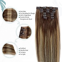 Clip In Real Human Hair Extensions Medium Brown To Honey Blonde Balayage Clip In Hair Extensions 7Pcs 70G Straight Clip In Hair