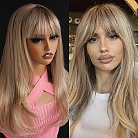 Aisom Bangs Highlight Blonde Wig Straight 2X1 Hd Synthetic Lace Wig For Women Glueless Lace Wig Blonde Colored Wig 16 Inch