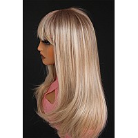 Aisom Bangs Highlight Blonde Wig Straight 2X1 Hd Synthetic Lace Wig For Women Glueless Lace Wig Blonde Colored Wig 16 Inch