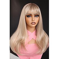 Aisom Bangs Highlight Blonde Wig Straight 2X1 Hd Synthetic Lace Wig For Women Glueless Lace Wig Blonde Colored Wig 16 Inch