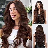 Haoland Hair Brown Wigs For Women Natural Long Wavy Chestnut Brown 28 Inch Middle Part Synthetic Heat Resistant Wig For Daily P