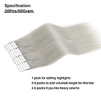 Sassina 22 Inch Tape In Hair Extensions Real Human Hair Silver Gray Seamless Skin Weft Tape In Remy Hair Extensions 50 Gram 20 P