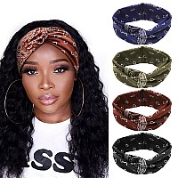 Dreshow 4 Pack Boho Cotton Nonslip Headbands For Women Girls Yoga Workout Running Knotted Turban Floral Elastic Head Wrap