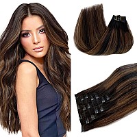 Ombre Clip In Hair Extyensions Dark Brown To Light Brown Seamless Balayage Human Hair Extensions Clip Ins For Women Full Head 70