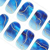 Danni Toni Semi Cured Gel Nail Strips Blue Tie Dye Sea Fairy Ocean Gel Nail Stickers Gold Line Gel Nail Wraps 28 Stickers