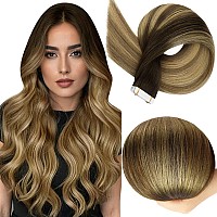 Full Shine Tape In Human Hair Extensions Color 2827 Brown And Honey Blonde Tape In Hair Extensions Real Human Hair 20Inch Hair