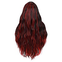 Quantum Love Long Curly Wig Long Curly Wavy Middle Part Black Mix Red Wig For Women Natural Looking Synthetic Colorful Hair For