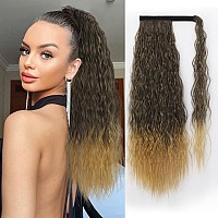 Stamped Glorious Long Corn Wave Ponytail Extension Magic Paste Heat Resistant Wavy Synthetic Wrap Around Ponytail Black Hairpiec