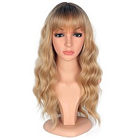 Symeiw Medium Long Blonde Wavy Wigs For Women Synthetic Full Hair Blonde Wigs With Bangs For Daily Use Blonde