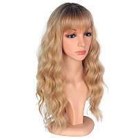 Symeiw Medium Long Blonde Wavy Wigs For Women Synthetic Full Hair Blonde Wigs With Bangs For Daily Use Blonde