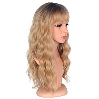 Symeiw Medium Long Blonde Wavy Wigs For Women Synthetic Full Hair Blonde Wigs With Bangs For Daily Use Blonde