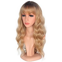 Symeiw Medium Long Blonde Wavy Wigs For Women Synthetic Full Hair Blonde Wigs With Bangs For Daily Use Blonde