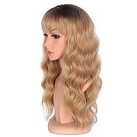 Symeiw Medium Long Blonde Wavy Wigs For Women Synthetic Full Hair Blonde Wigs With Bangs For Daily Use Blonde