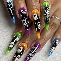 Imsohot Halloween Press On Nails Medium Almond Fake Nails Colorful Ombre Glossy Cute Ghost Glue On Nails Full Cover Stiletto Acr