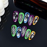 Imsohot Halloween Press On Nails Medium Almond Fake Nails Colorful Ombre Glossy Cute Ghost Glue On Nails Full Cover Stiletto Acr