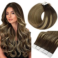 Full Shine Tape In Hair Extensions Human Hair Balayage Color 2 Brown Fading To 8 Ash Brown And 27 Blonde Invisible Hair Extensio