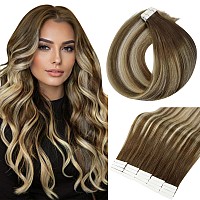 Full Shine Real Human Hair Extensions Tape In 16 Inch Balayage Invisible Tape In Hair Extensions Color Ombre Brown And Blonde 4