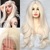 Bluple Platinum Blonde 60 Lace Front Wig Long Natural Wavy Heat Resistant Synthetic Hair Replacement Full Wigs Middle Part For