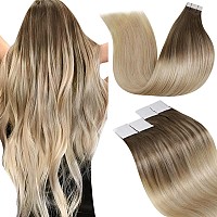 Laavoo Tape In Hair Extensions Human Hair Ombre Real Hair Extensions Tape In Human Hair Balayage Brown To Ash Blonde Mix Platinu