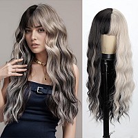 Merisihair Long Wavy Silver Grey Black Highlight Wig With Bangs Black White Wigs 26Inch Natural Looking Synthetic Heat Resistant