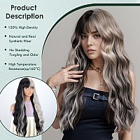 Merisihair Long Wavy Silver Grey Black Highlight Wig With Bangs Black White Wigs 26Inch Natural Looking Synthetic Heat Resistant