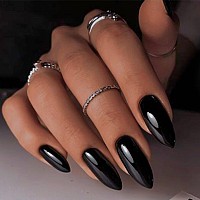 Yosomk Black Press On Nails Medium Almond Fake Nails With Solid Color Designs Glossy Full Cover False Nails For Women And Girls