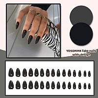 Yosomk Black Press On Nails Medium Almond Fake Nails With Solid Color Designs Glossy Full Cover False Nails For Women And Girls