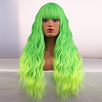 Beron 26 Inches Lime Green Wig Long Curly Wig Neon Green Wigs With Bangs Long Wavy Synthetic Wig Green Wigs For Halloween Party