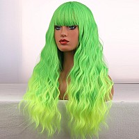 Beron 26 Inches Lime Green Wig Long Curly Wig Neon Green Wigs With Bangs Long Wavy Synthetic Wig Green Wigs For Halloween Party