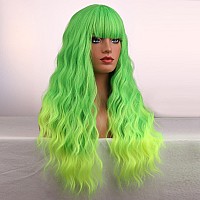 Beron 26 Inches Lime Green Wig Long Curly Wig Neon Green Wigs With Bangs Long Wavy Synthetic Wig Green Wigs For Halloween Party