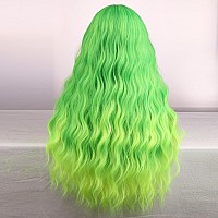 Beron 26 Inches Lime Green Wig Long Curly Wig Neon Green Wigs With Bangs Long Wavy Synthetic Wig Green Wigs For Halloween Party