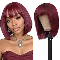 Sakalaka Burgundy Wear And Go Straight Bob Wig With Bangs Human Hair 180 Density 99J Short Bob Wig Human Hair Glueless Realisti