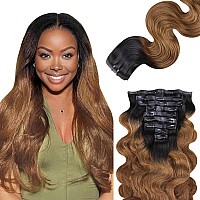 Lashey Seamless Clip In Hair Extensions Human Hair 150G 9Pcs 20 Inch Body Wave Ombre Natural Black To Medium Auburn Clip In Hair