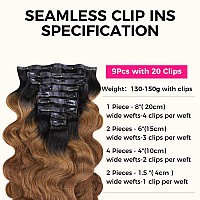 Lashey Seamless Clip In Hair Extensions Human Hair 150G 9Pcs 20 Inch Body Wave Ombre Natural Black To Medium Auburn Clip In Hair