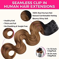 Lashey Seamless Clip In Hair Extensions Human Hair 150G 9Pcs 20 Inch Body Wave Ombre Natural Black To Medium Auburn Clip In Hair