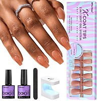 Btartbox Xcoattips Gel Nail Kit Short Coffin Press On Nails With Gel Glue Top Coat Nail Lamp Precolored Short Nail Tips Br