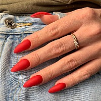 Kqueenest Matte Light Red Press On Nails Medium Almond Stiletto Gel Fake Nails Medium Pure Color Acrylic Nails Press Ons Feature