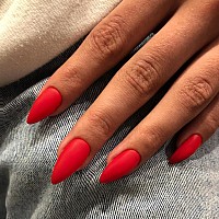 Kqueenest Matte Light Red Press On Nails Medium Almond Stiletto Gel Fake Nails Medium Pure Color Acrylic Nails Press Ons Feature