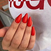 Kqueenest Matte Light Red Press On Nails Medium Almond Stiletto Gel Fake Nails Medium Pure Color Acrylic Nails Press Ons Feature