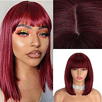 Sakalaka Burgundy Wear And Go Straight Bob Wig With Bangs Human Hair 180 Density 99J Short Bob Wig Human Hair Glueless Realisti