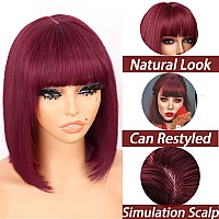 Sakalaka Burgundy Wear And Go Straight Bob Wig With Bangs Human Hair 180 Density 99J Short Bob Wig Human Hair Glueless Realisti