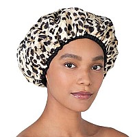 Reusable Nylon Shower Cap & Bath Cap, Reversible Oversized Waterproof Shower Caps Large Designed For All Hair Lengths W Terry Lining & Elastic Band Stretch Hem Hair Hat - Socialite Safari Spots