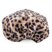 Reusable Nylon Shower Cap & Bath Cap, Reversible Oversized Waterproof Shower Caps Large Designed For All Hair Lengths W Terry Lining & Elastic Band Stretch Hem Hair Hat - Socialite Safari Spots