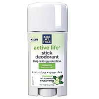 Kiss My Face Active Life Cucumber Green Tea Deodorant, Aluminum Free Deodorant For Women And Men, 2.48 Oz Stick